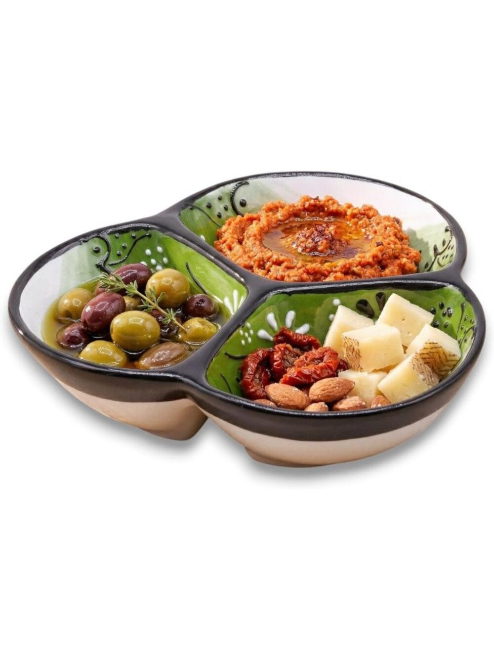 Handmade 3-Compartment Ceramic Serving Dish - Unique Spanish Design, Perfect for